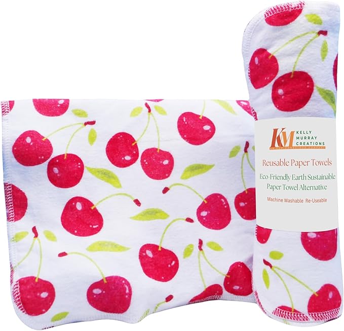 Pack of 10 Reusable Paper Towels | 10x10 Inch Cotton Towels | Kitchen Utensils Print | Eco Friendly, Washable, Quick Drying | Sustainable Cleaning Cloths | Cherries