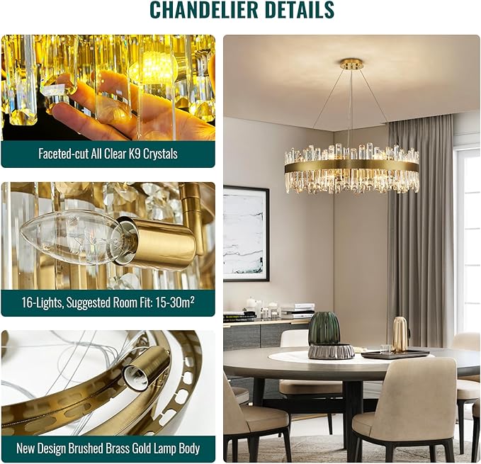Siljoy Modern Crystal Chandelier 16 Lights Brushed Gold 2-Tiers K9 Crystal Raindrop Chandelier Luxury Dimmable Crystal Pendant Ceiling Light for Living Room Dining Room Entryway Foyer D31.5''