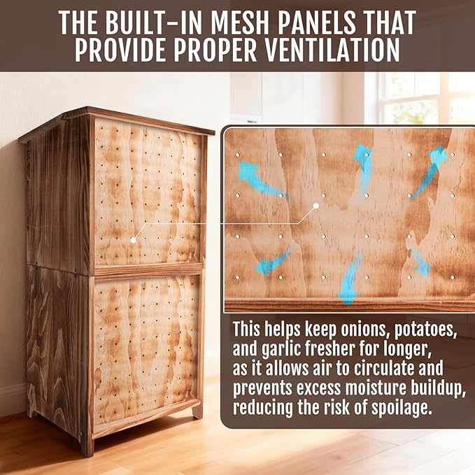 Large Potato and Onion Storage Bin - Wooden Stackable Bread Storage Box with Lid & Mesh Doors, Decorative Fruit and Vegetable Organization Cabinet for Kitchen, 15.75"W x 10.7"D x 33.5"H (Rustic Color)