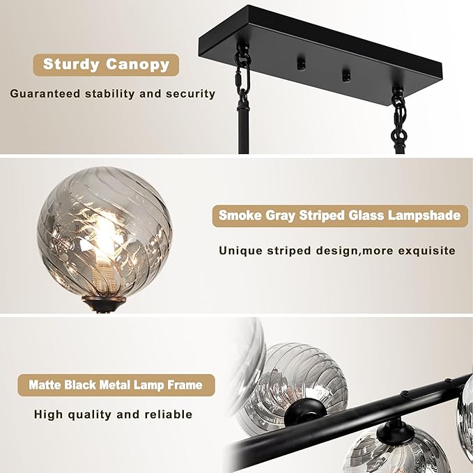 Dining Room Light Fixture 16-Light Large Chandelier Farmhouse Chandeliers for Dining Room Linear Sputnik Chandelier Smoke Gray Swirled Globe Glass Bubble Black Modern Pendant Lights Kitchen Island