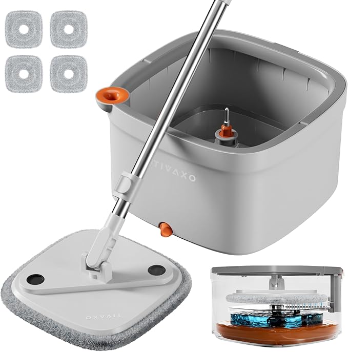 Mop and Bucket Set, Spin Mop with Self Seperates Dirty Water System, Square Mops for Floor Deep-Cleaning, 360 Rotating Mop Head for Hardwood Tile Marble, Versatile Mops for Walls (Mop Set with 4 Pads)