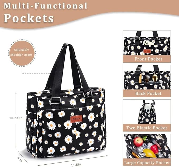 Large Floral Insulated Handbag for Women Work, 12L Leakproof Lunch Cooler Tote with Storage Pocket, Reusable for Picnic Hiking