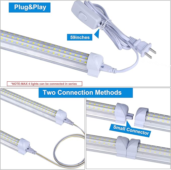 (6- Pack) 4FT LED Shop Light, 65W 5000K Daylight White 7500LM Super Bright T8 Integrated Fixture U-Shape 4 Rows Linkable Tube Lights for Garage Warehouse Workshop Basement Plug and Play