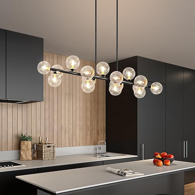 Large Chandeliers for Dining Room, 16-Light Modern Chandelier Sputnik Chandeliers Black Dining Room Light Fixture with Clear Globe Sputnik Ceiling Light Fixture Linear Chandelier over Kitchen Island