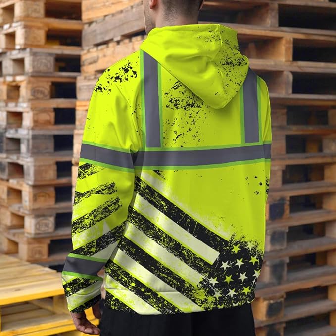 Color US Flag High Visibility Hoodie for Men Women Reflective Tapes Safety Workwear for Worker Runner Patriotic