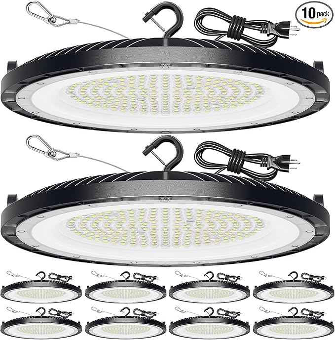 UFO LED High Bay Lights 10 Pack 250W, 37500LM 5000K Daylight, IP65 Waterproof Led Shop Lights for Warehouse Workshop Factory Gym Garage Livestock Barn