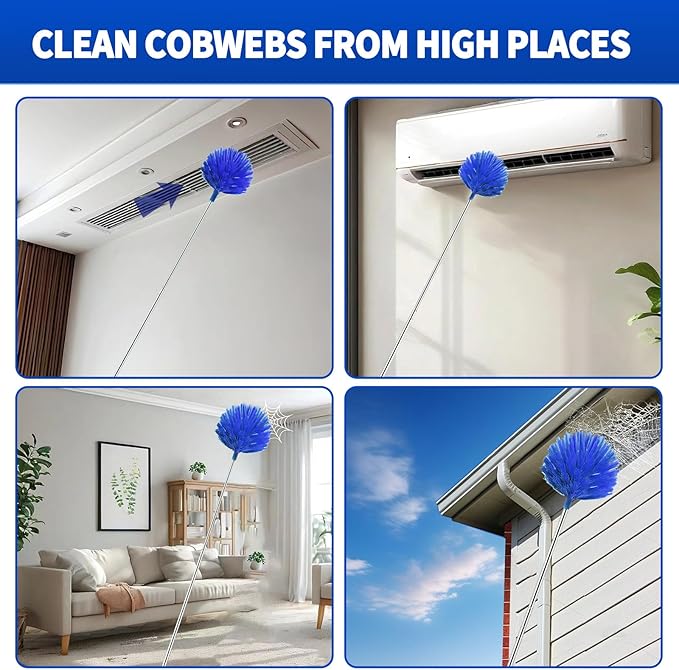 Cobweb Duster with Extension Pole, Washable Cleaning Duster Set with 2 Duster Heads, Spider Web Brush with Pole,high Ceiling Duster with Extension Pole,Cleaning Supplies,Ceiling Fan Cleaner