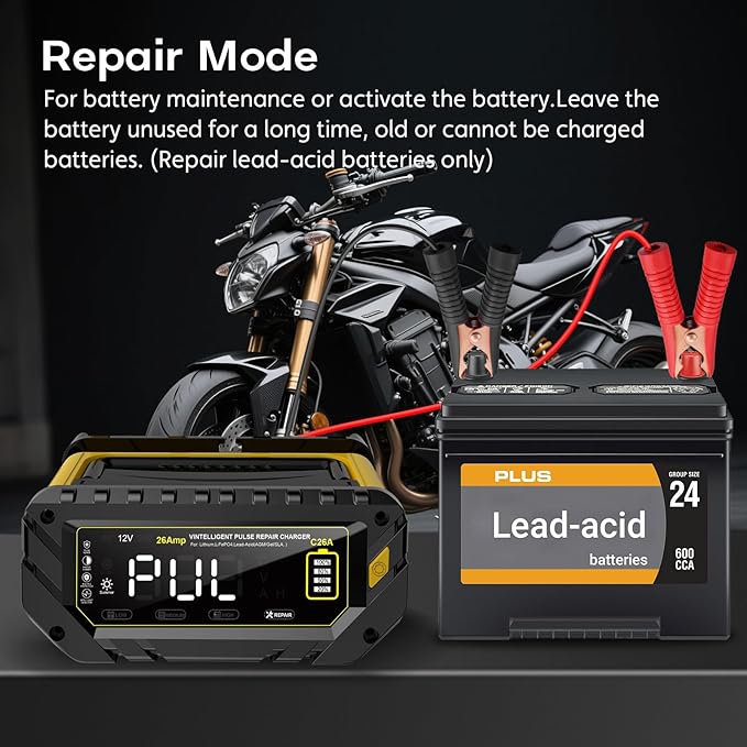 26 AMP Car Battery Charger, 6V/12V/24V Lead-Acid, Lithium, LiFePo4 Smart Battery Charger, Large Screen Trickle Charger, Fully Automatic Chargers and Maintainer for Car, Motorcycle, Lawn Mower