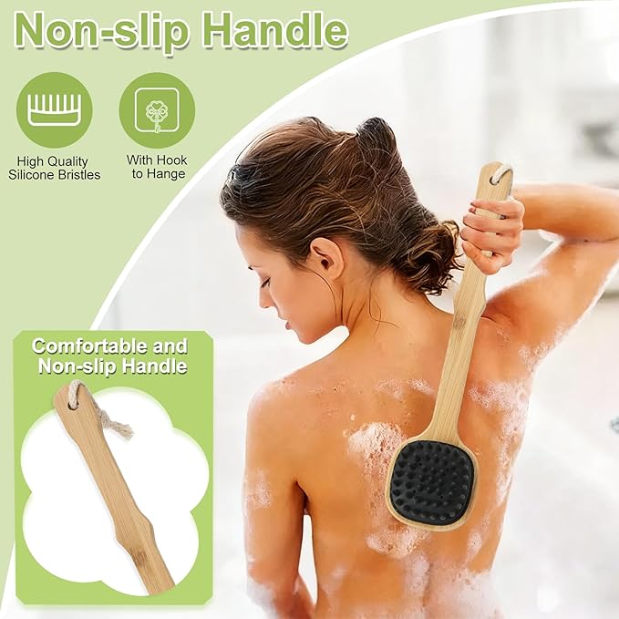 Silicone Back Scrubber for Shower, 2 PCS Silicone Bath Body Brush Loofah with Long Handle, Dual-Sided Shower Brush for Body, Exfoliating Body Scrubber Back Washer for Men Women(Lake Blue +Black)