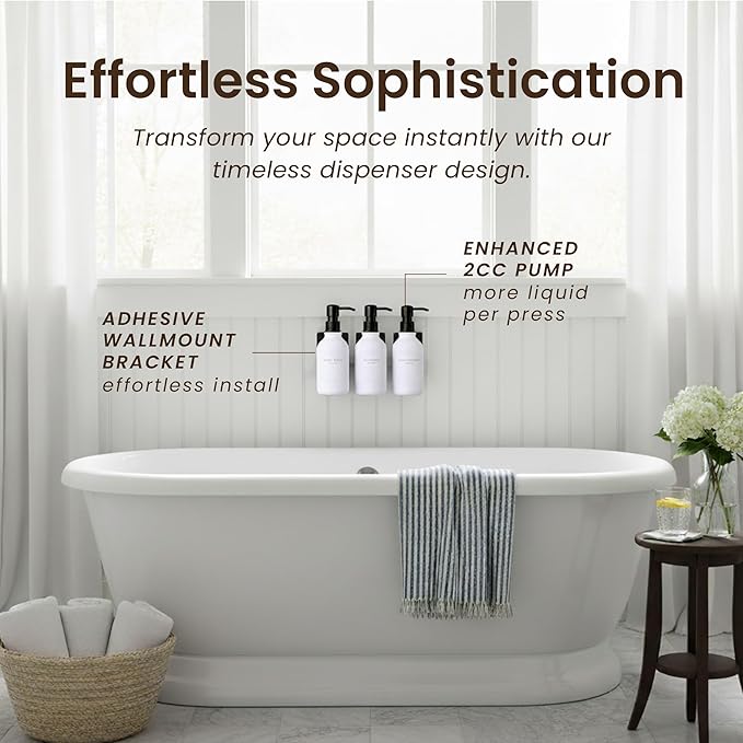 MaisoNovo Shampoo and Conditioner Dispenser - Shower Soap Dispenser Wall Mounted - 16.9 fl oz Set of 3 White Plastic Bottles Black Pump - 3 Chamber No Drill