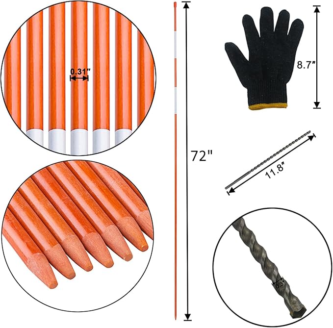 Sunnyglade 100 PCS 72 Inch Driveway Marker Set 1/4 Inch Dia Fiberglass Reflective Snow Stakes with Steel Drill Bit & Protection Gloves for Parking Lots, Walkways(100)