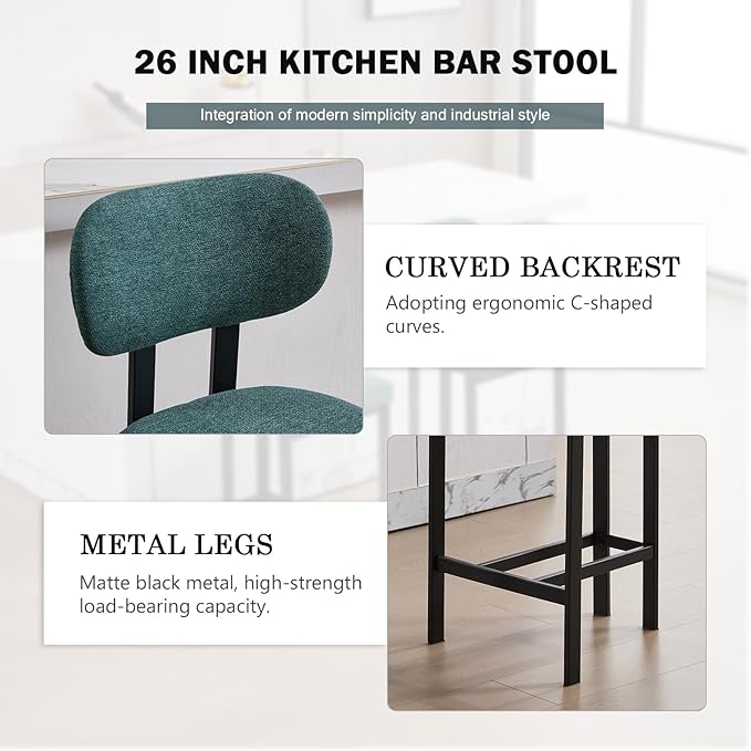 Modern Counter Stools Set of 6, 26" Upholstered Barstools with Back, Sturdy Black Metal Legs Dining Stools with Footrest for Home Pub Kitchen, Green
