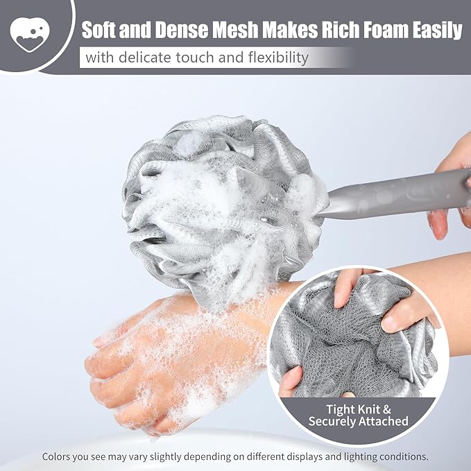 VANZAVANZU Loofah Sponge Set Back Scrubber for Shower, Anti-Slip Plastic 17" Handle Loofah on a Stick with Fluffy Shower Sponge, PE Soft Mesh Shower Loofahs-Gray with White Edge
