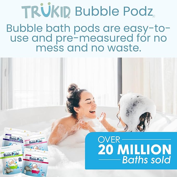 TruKid Bubble Podz Bubble Bath for Kids, Toddlers, & Babies, Tear Free Gentle & Refreshing Bath Bomb for Sensitive Skin with Natural Moisturizers, Non-Toxic, pH Balanced, Watermelon Scent (60 Podz)