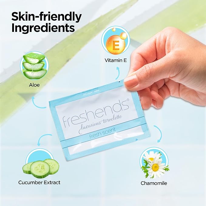Freshends Flushable Individually Wrapped Wipes – 50 Bulk Pack Luxurious Towelettes, Guest Bathroom Essentials for Weddings, Restaurants, Bars & Clubs – Blue, Travel-Size, Disposable