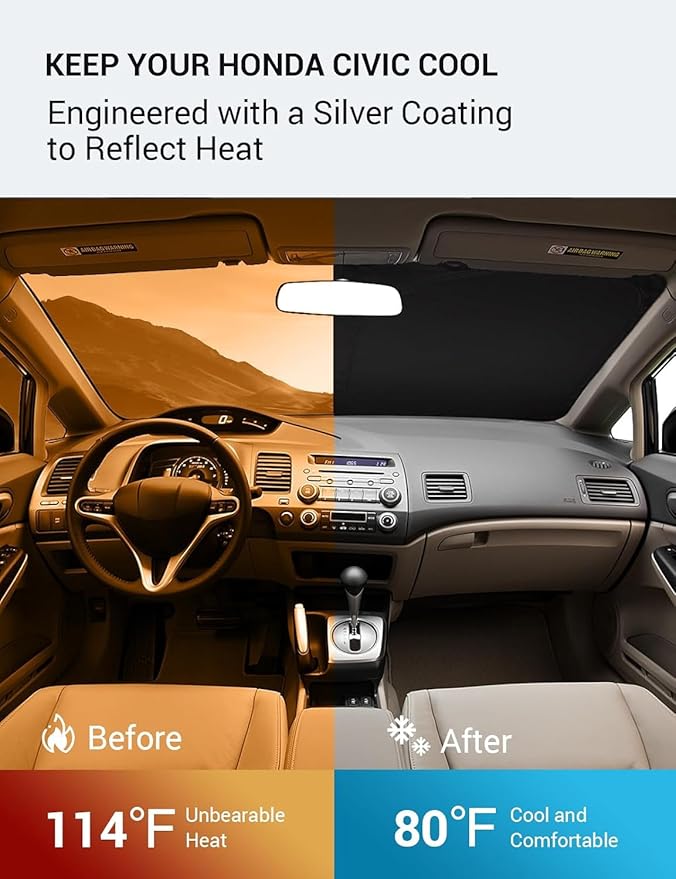 Proadsy 2025 Upgrade Windshield Sun Shade Custom Fit 2006-2011 Honda Civic Foldable Front Sunshade Protector Sun Visor Blocks UV Rays Keep Car Cooler