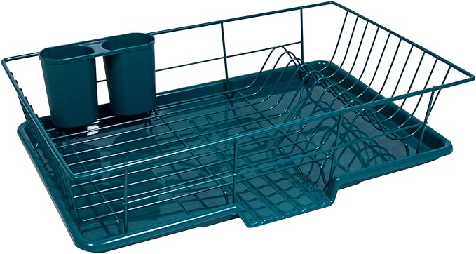 Sweet Home Collection Space-Saving 3-Piece Dish Drainer Rack Set: Efficient Kitchen Organizer for Quick Drying and Storage - Includes Cutlery Holder and Drainboard - Maximize Countertop Space, Teal