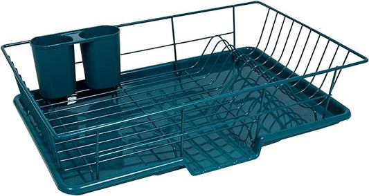 Sweet Home Collection Space-Saving 3-Piece Dish Drainer Rack Set: Efficient Kitchen Organizer for Quick Drying and Storage - Includes Cutlery Holder and Drainboard - Maximize Countertop Space, Teal