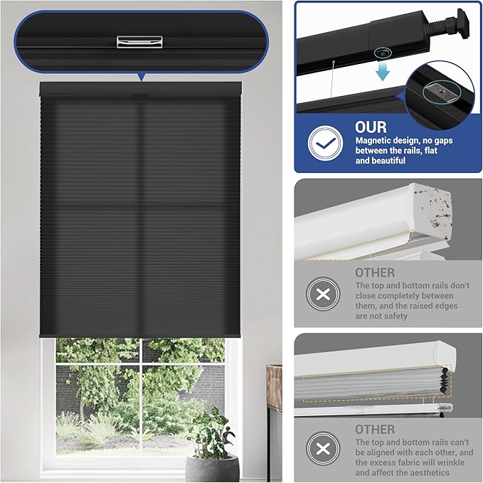 No Drill No Tools Cellular Shades Top Down Bottom Up Blackout Blinds for Windows Cordless Honeycomb Window Shades Easy to Install for Home, Light Filtering-Black, Customized Size