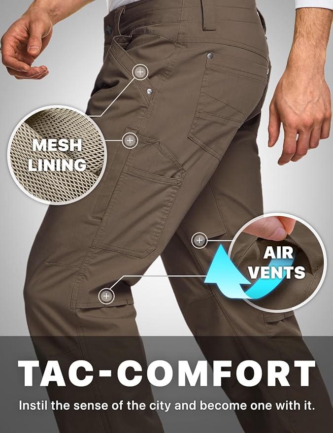 CQR Men's Vent Stretch Pants, Quick Dry Lightweight Casual Cargo Pants, Water Resistant Straight-Fit Utility Work Pants