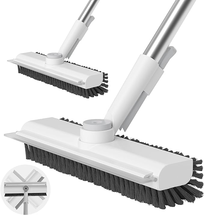 Floor Scrub Brush with Long Handle, 3 in 1 Scrape and Heavy-Duty Stiff Bristle Scrubber Brush for Cleaning Shower Bathroom, Patio, Garage, Kitchen, Wall and Deck (White, 2 Pack)