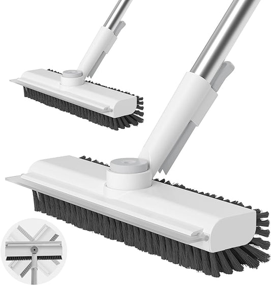 Floor Scrub Brush with Long Handle, 3 in 1 Scrape and Heavy-Duty Stiff Bristle Scrubber Brush for Cleaning Shower Bathroom, Patio, Garage, Kitchen, Wall and Deck (White, 2 Pack)