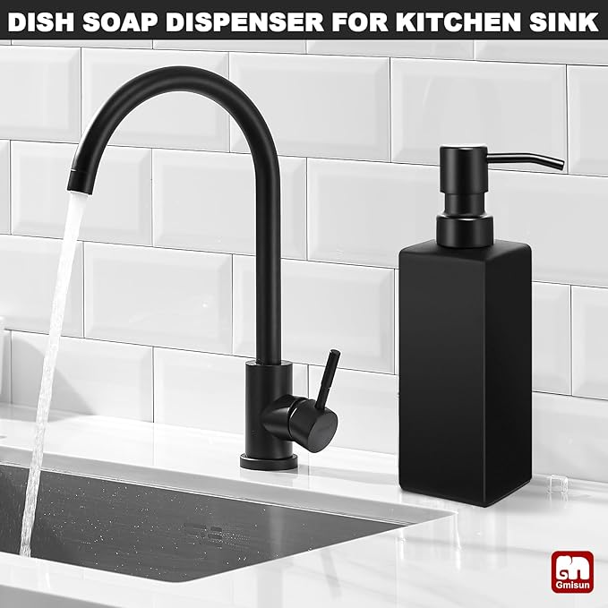 GMISUN Black Soap Dispenser Bathroom, Glass Hand Soap Dispenser with Stainless Steel Pump, 12 fl oz/350ml Refillable Dish Dispensers for Kitchen, Modern Liquid Lotion Bottles for Bathroom Countertop