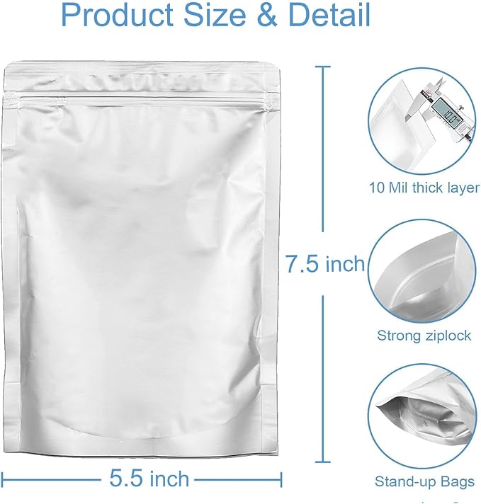 100pcs 1 Pint Mylar Bags - Thick 10 Mil - 5.5"x7.5" Stand Up Zipper Pouches Bags, Resealable and Heat Sealable Vacuum Sealing Bag for Long Term Food Storage