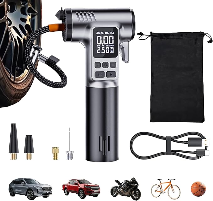 Portable Tire Inflator, 150PSI Air Compressor with LCD pressure gauge & Auto shut-off, Features built-in LED light, Safety hammer & Seatbelt Cutter, for Car/Bike/Motorcycles/Ball