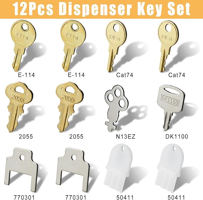 12 Pcs Paper Towel and Toilet Paper Dispenser Key Set for Waffle San Ja-mar Geo-rgia Pa-cific to-rk Kim-berly Cl-ark Bra-dley Soap Dispensers Universal Replacement Keys Bo-Brick Cat 74 E114 Key