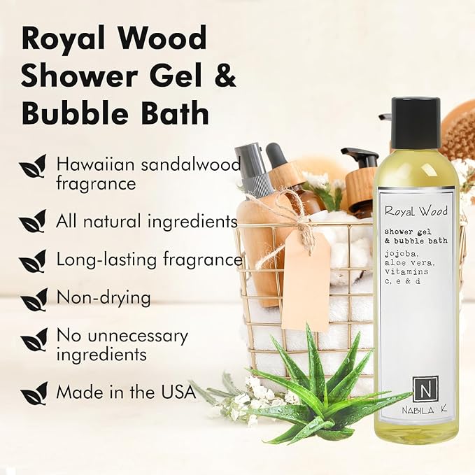 Nabila K Royal Wood Shower Gel & Bubble Bath, 2.4 oz – Non-Drying Body Wash with Jojoba, Aloe Vera & Vitamins – Naturally-Derived, Sulfate-Free – Made in USA – For Men & Women