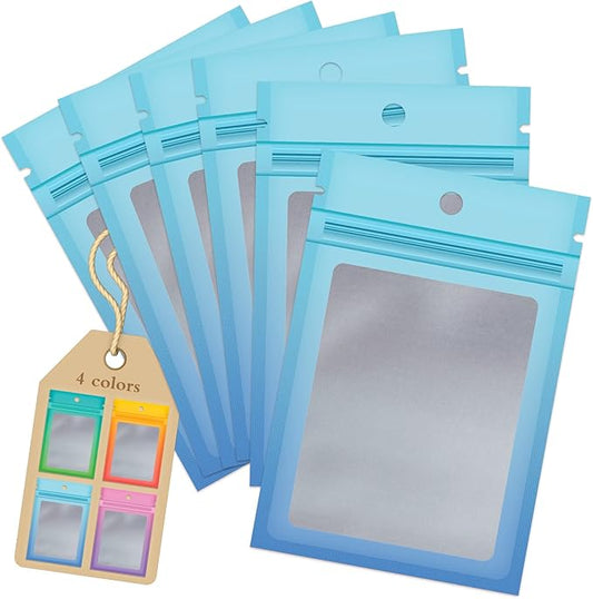 Funfery 100 Pcs Resealable Smell Proof Bags for Food Storage,Clear Cute Gradient Mylar Bags for Small Business Foil Zipper Packaging Bag for Sample Jewelry Eyelash Gloss(Blue Blue,5.9×8.6in)