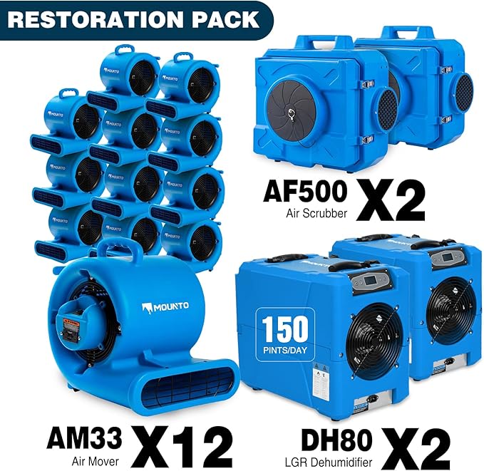 MOUNTO Water Damage Restoration Combo Package 12x Air Mover 2x Air Scrubber 2x Dehumidifiers