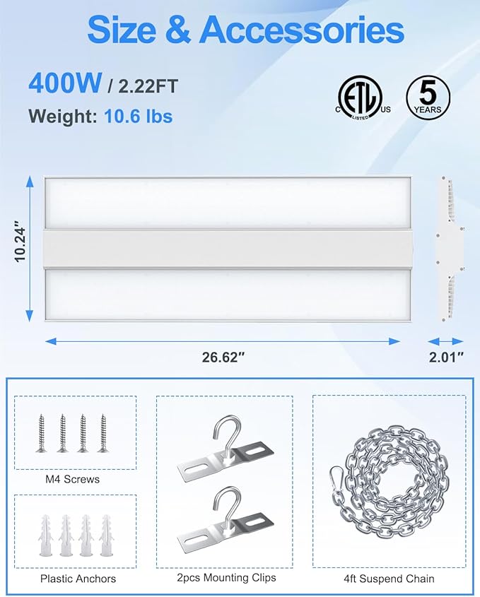 ADUB 480V 400W LED High Bay Shop Light Dimmable 0-10V, 2.2 FT LED Linear High Bay Light 60,000LM Large Area Illumination, 5000K Commercial Bay Lights for Warehouse 150 LM/W, AC 277-480V, ETL Listed