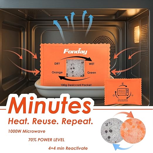 100g x 5 Packs Fonday Rechargeable Silica Gel Desiccant Packets Fast Reactivate Desiccant Bags Moisture Absorbers for Storage Bins, Suitcase, Safe, 3D Filaments, Electronics