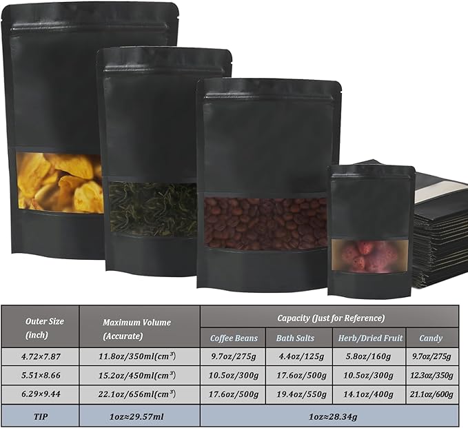 100 PCS Resealable Bags, Stand Up Kraft Paper Bags with Matte Window, Zipper Lock Food Storage Bags for Small Business and Home, 5.51 * 8.66 Inch Reusable Sealable Bags for Packaging -Black