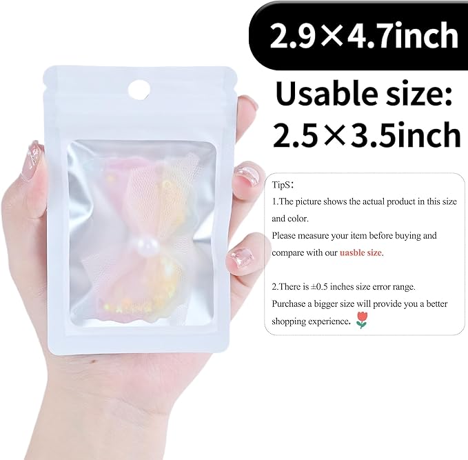 100 Pack Resealable Plastic Bags for Food Storage, Zipper Bags with Clear Front Window, Packaging Pouch for Small Business (White, 2.9x4.7 inch)