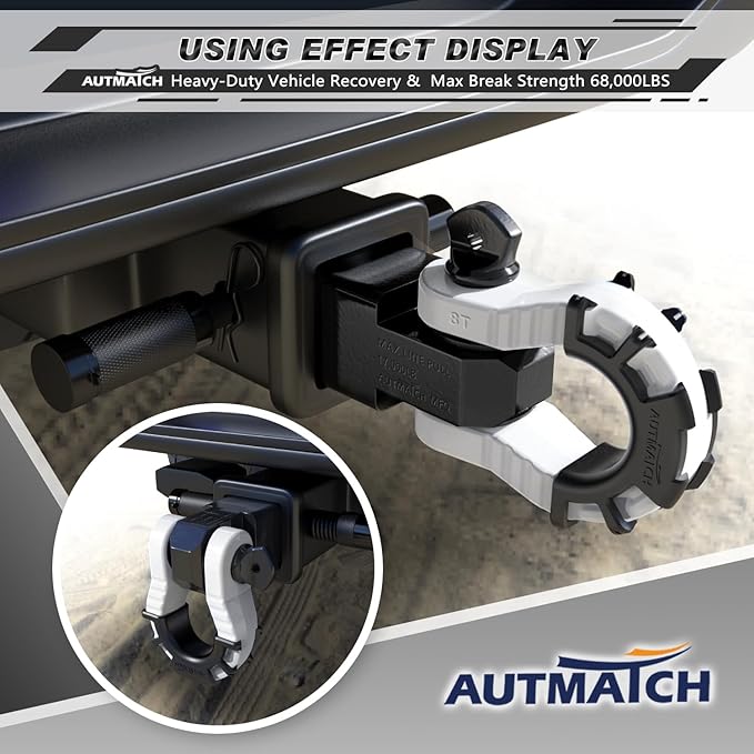 AUTMATCH Shackle Hitch Receiver 2" with 3/4" Mega D Ring Shackle and 5/8" Trailer Hitch Lock Pin, 68,000 Lbs Break Strength Heavy Duty Receiver Towing Kit for Off-Road Vehicle Recovery, Black & White