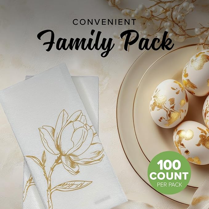 SimuLinen Gold Magnolia - Disposable Paper Towels for Bathroom, Guest Hand Towels, Folded Paper Towels Kosher Single-Use - Size 12x17" - 100ct (Made in USA)
