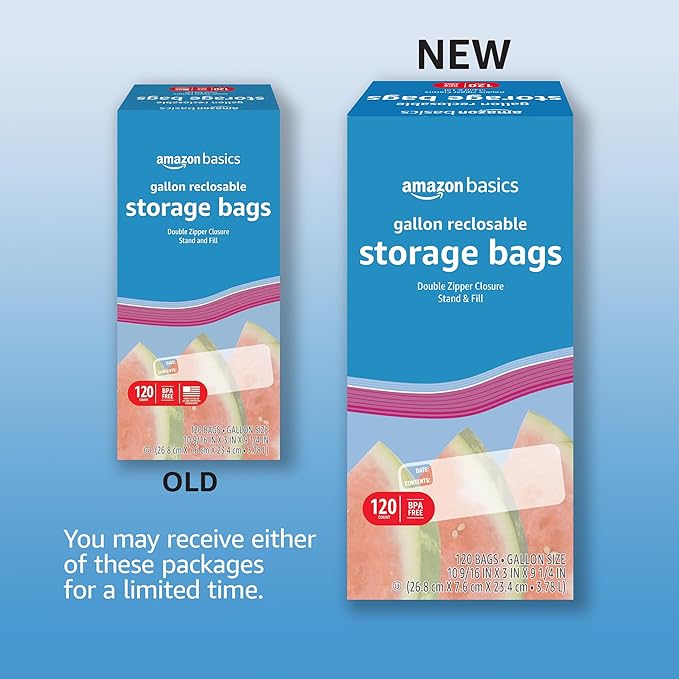 Amazon Basics Reclosable Gallon Food Storage Bags, Stand &Fill Base, 120 Count (Pack of 2)