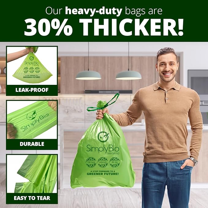 Simply Bio 13 Gallon Compostable Trash Bags Liners Drawstring, Heavy Duty Extra Thick 1 Mil, 49.21 Liter, 30 Bags, Tall Kitchen Food Scrap Waste Bag, ASTM D6400, US BPI and OK Compost Home Certified
