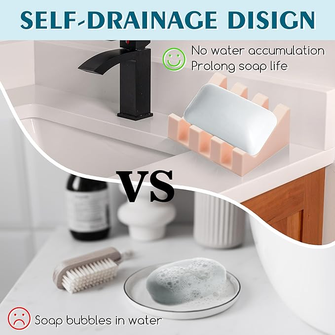 Silicone Soap Dish with Drain, Upgrade Double Suction Cups at The Bottom for Anti-Slip and Stability, Soap Dish Shower Waterfall Bar Soap Holder Tray with Drain Soap Holder (2, Pink)