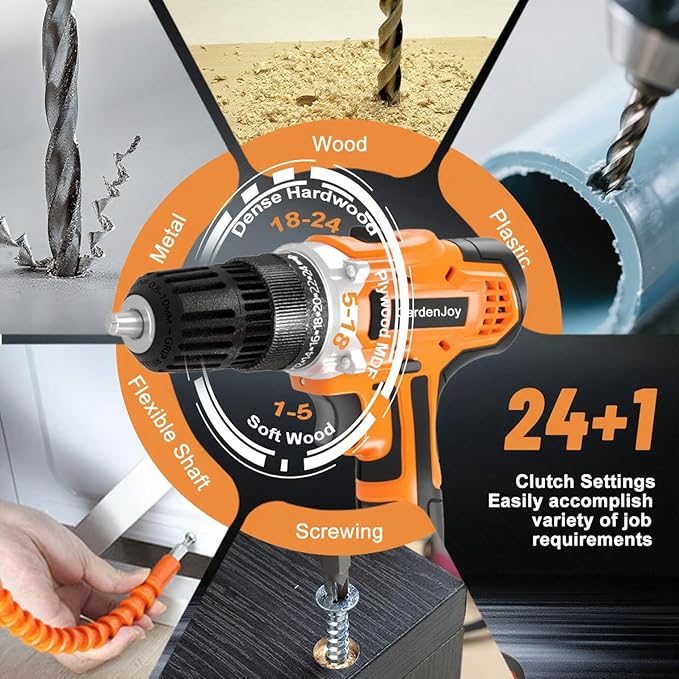 GardenJoy 20v Cordless Drill Set, Power Electric Kit 2 Batteries With Charger 30Nm 2-Speed 3/8" Keyless Chuck 24+1 Position Drill Driver screwdriver Bits with LED Electric Work Light for DIY