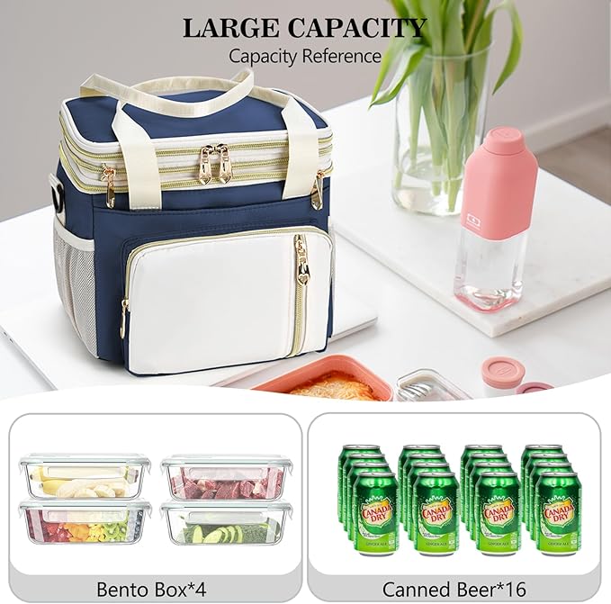 LOKASS Expandable Lunch Box for Women Men | Adult Lunchbag Cooler Tote Bag with Adjustable Shoulder Strap | Insulated Reusable Womens Lunch Bags for Work Camping Beach | 16L, Dark Blue