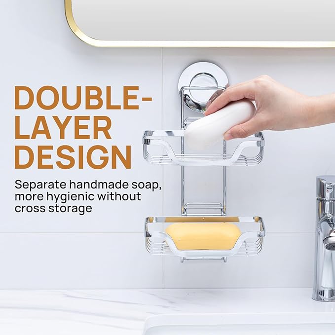 LEVERLOC Bar Soap Holder Dish Suction Cup Wall Mounted, Stainless Steel Double Layer Soap Saver for Shower Bathroom Bath Tub Kitchen Sink, Removable Waterproof, Keep Dry, Silver