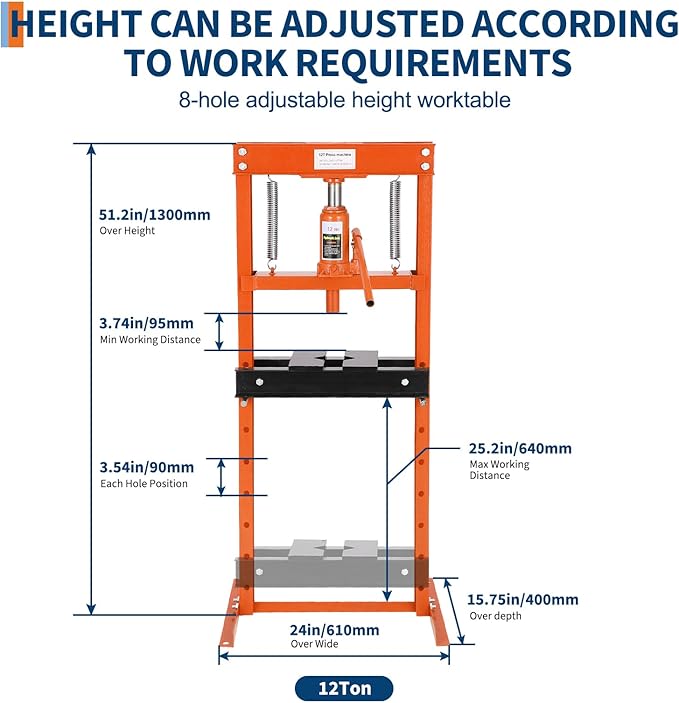 Hydraulic Press 12 Ton Hydraulic Shop Press H-Frame Garage Floor Adjustable Shop Press with 2 Plates Adjustable Working Table Height, Orange