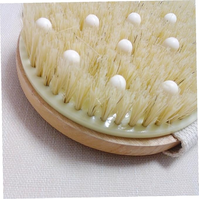 Exfoliating Bath Brush with Natural Bristles and Hand Strap Medium Stiffness Shower Scrubber for Dead Skin Removal Massage and Stimulation Body Brush for Feet Knees and Legs