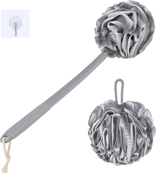 VANZAVANZU Loofah Sponge Set Back Scrubber for Shower, Anti-Slip Plastic 17" Handle Loofah on a Stick with Fluffy Shower Sponge, PE Soft Mesh Shower Loofahs-Gray with White Edge