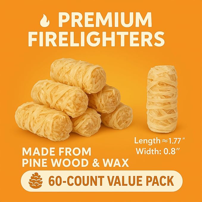 60 pcs Fire Starter – Natural Fire Starters for Campfires, BBQ, Fireplace. Pizza Oven - Weather-Resistant, Waterproof, Quick Ignite, Charcoal Odorless Starter for Grill