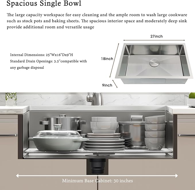 27 Inch Undermount Kitchen Sink - Delironexu 16 Gauge Stainless Steel Sinks, 27''x18'' Single Bowl Kitchen Sinks, Undermount Sink with 4 Accessories